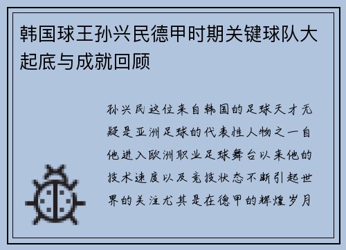 韩国球王孙兴民德甲时期关键球队大起底与成就回顾