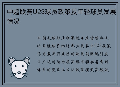 中超联赛U23球员政策及年轻球员发展情况